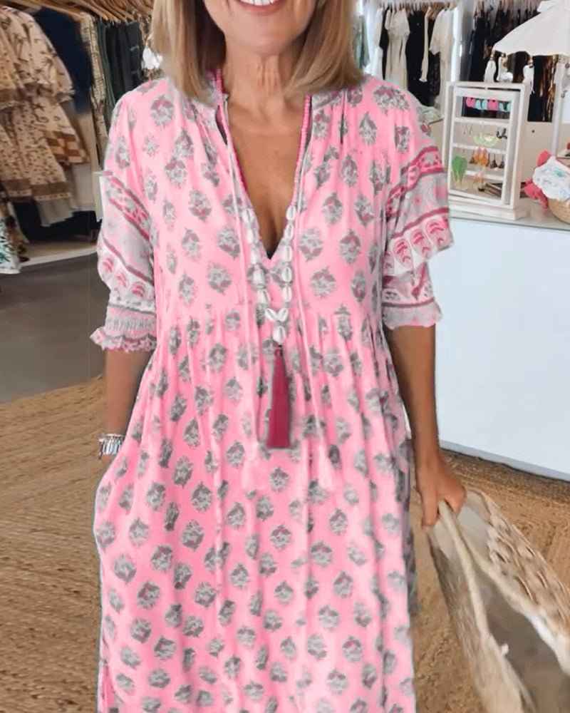 MANA | MIDILANGE CHIQUE FLORALEN JURK MIT V-AUSSCHNITT