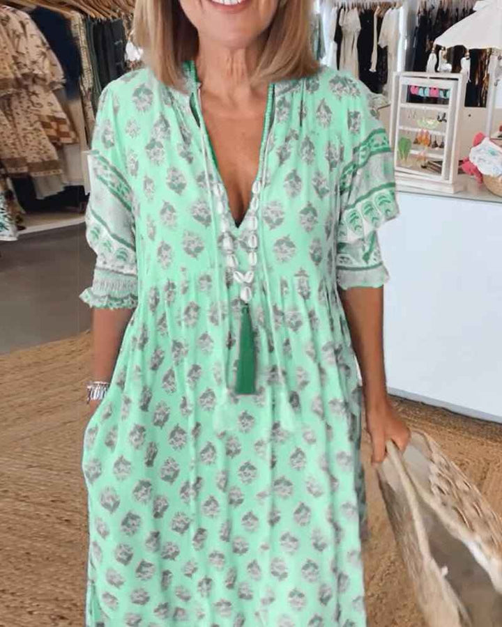 MANA | MIDILANGE CHIC FLORAL JURK MIT V-AUSSCHNITT