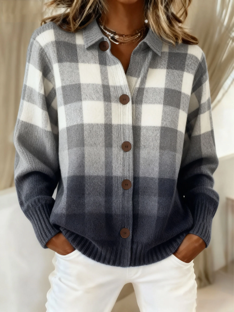 Agnes | Grauer Ombre Karo Knopf-Cardigan
